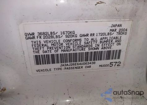 2004 Mitsubishi Lancer Es from USA, damaged, VIN JA3AJ26E64U063438